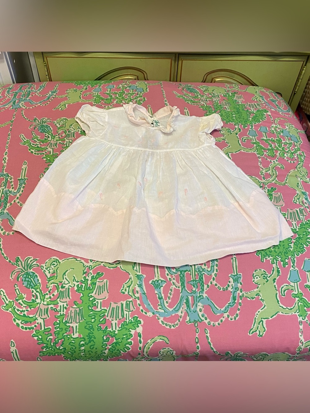 Vintage Antique Alfred Leon HandMade pink & white scallop embroidered baby dress